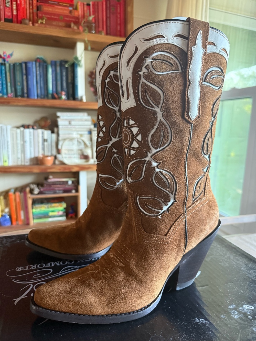 Brown Suede Western Cowgirl Boots with White Stitching